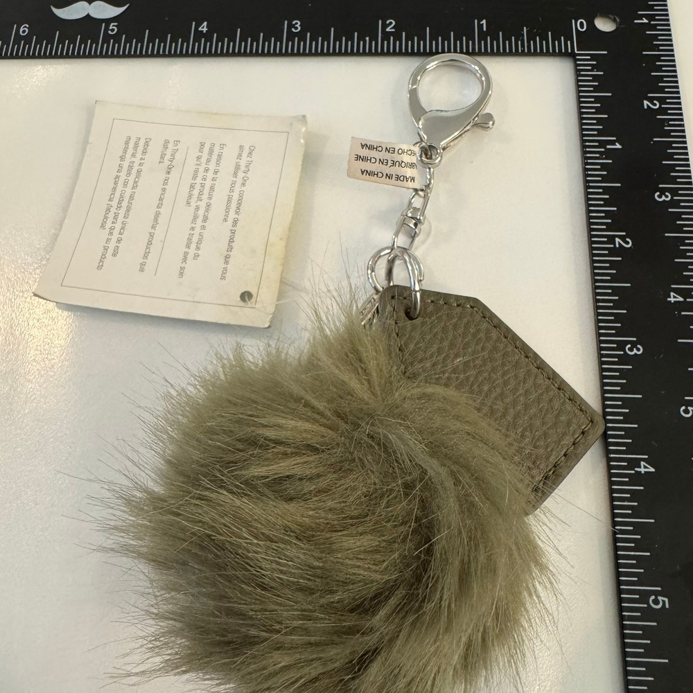 Thirty One Faux Fur Pom Pom Leather Tag Keychain Bag Charm Gray